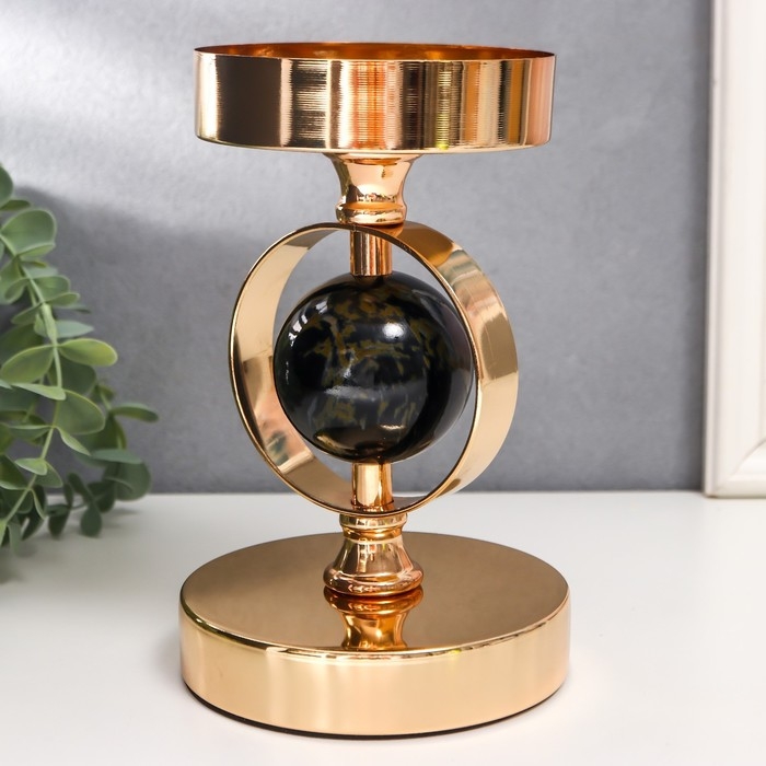 Подсвечник металл на 1 свечу "Чёрный мраморный шар в сфере" золото 18,5х12х12 см