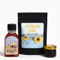 Набор «Здоровья и любви»:кедровый орех в сосновом сиропе 25 г., бальзам 100 мл., кедрокофе 50 г. Набор «Здоровья и любви»:кедровый орех в сосновом сиропе 25 г., бальзам 100 мл., кедрокофе 50 г.