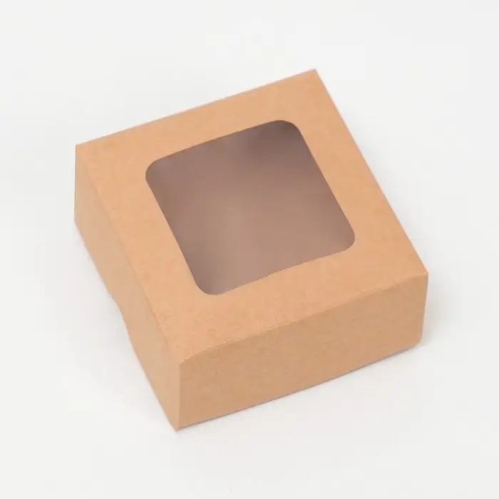 Коробка складная, крышка-дно, с окном, крафтовая, 8 х 8 х 4 см