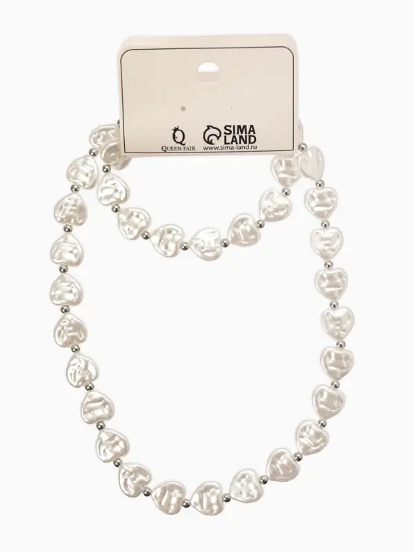 Набор 2 пред-та: бусы,браслет "Жемчуг барочный", сердечки, 40/18см, цвет белый в серебре