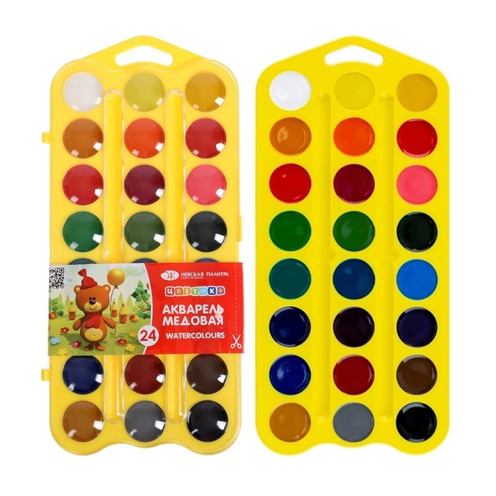 Акварель медовая 24 цвета, ЗХК "Цветик", без кисти, жёлтый пластиковый футляр с петлей, 27421678