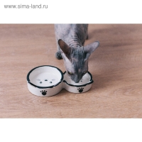 Миска керамическая "Кошачье семейство" 40/60 мл  двойная 19 х 10,5 х 3,5 см, бело-чёрная