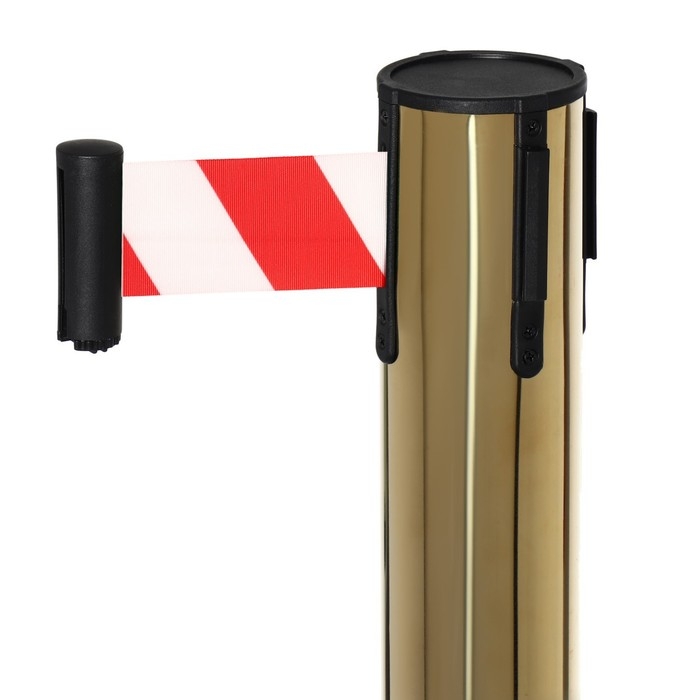 Стойка ограждения золотая, с вытяжной лентой-180см, красная, белый, высота-90см,d- 6см, напольный d-32см Стойка ограждения золотая, с вытяжной лентой-180см, красная, белый, высота-90см,d- 6см, напольный d-32см