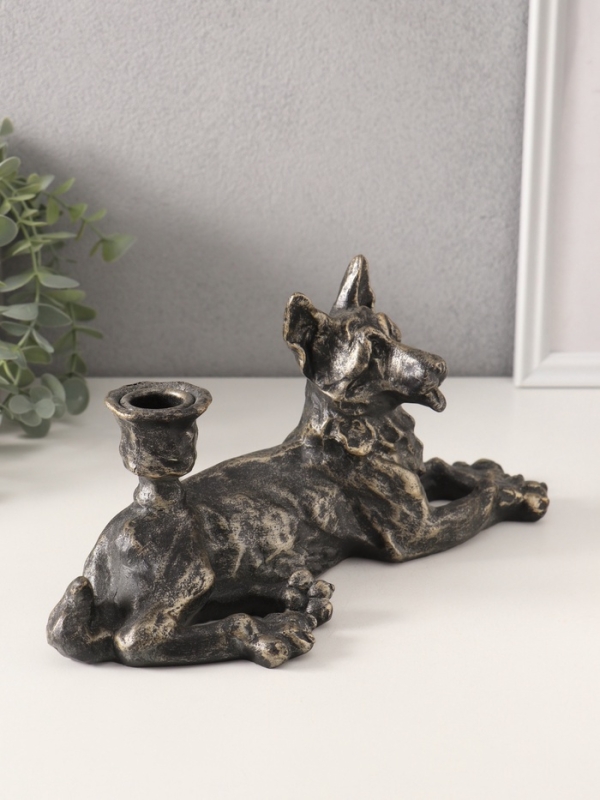 Подсвечник полистоун на 1 свечу "Шарж. Овчарка" под бронзу 28х10,8х13 см