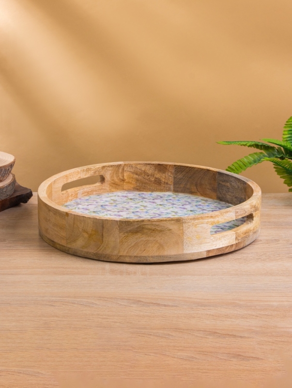 Поднос круглый с бортиками "Оттенки сирени" дерево манго 35х35х6,5 см