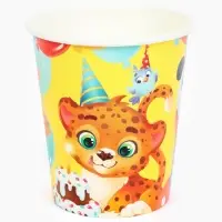 Стакан одноразовый бумажный &laquo;С Днём рождения, весёлые зверята&raquo;, желтый, 250 мл