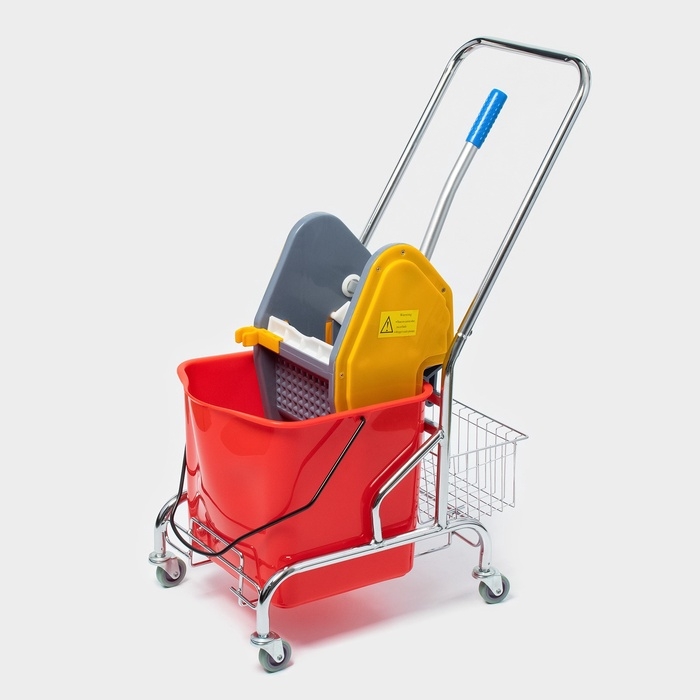 Тележка уборочная одноведерная с вертикальным и сеткой, красное ведро 25 л, хромированная рама Тележка уборочная одноведерная с вертикальным и сеткой, красное ведро 25 л, хромированная рама