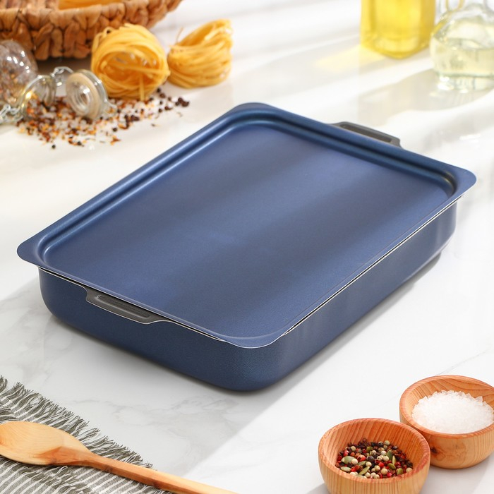 Противень прямоугольный, 23&times;30 см, h= 7 см, с крышкой, антипригарное покрытие, цвет синий