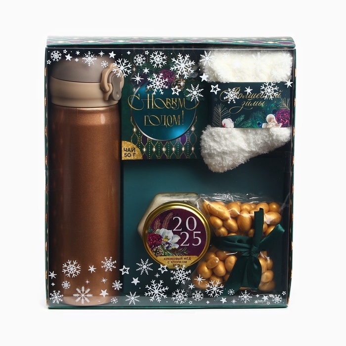 Подарочный набор &laquo;Веселья в новом году&raquo;: чай со вкусом тропические фрукты 50 г., крем-мед с черникой 120 г., носки р-р: 36&ndash;39, термос 500 мл.