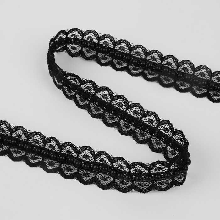 Рюш кружевной, с бусинами, 17 мм, 4,5 &plusmn; 0,5 м, цвет чёрный