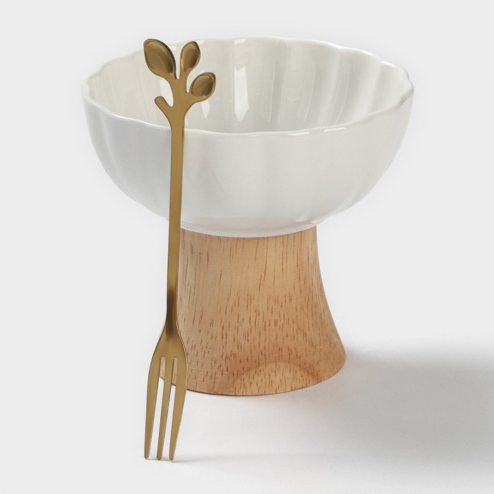 Креманка керамическая, 2 предмета: креманка d=10 см, вилка h=13 см, цвет белый Креманка керамическая, 2 предмета: креманка d=10 см, вилка h=13 см, цвет белый