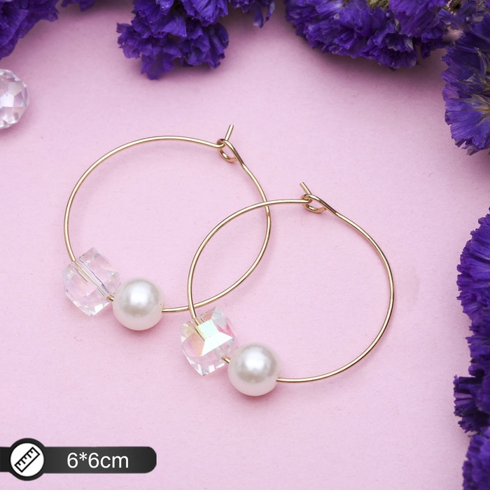 Серьги-кольца &laquo;Бусина&raquo; с ромбом, d=6 см, цвет белый в золоте