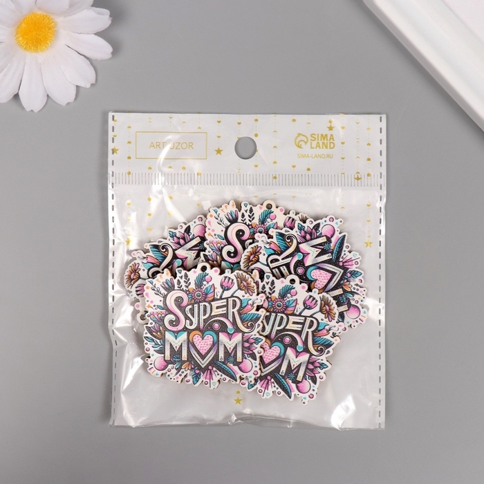 Декор для творчества дерево "Супер мама" набор 5 шт 4,3х4,1х0,3 см