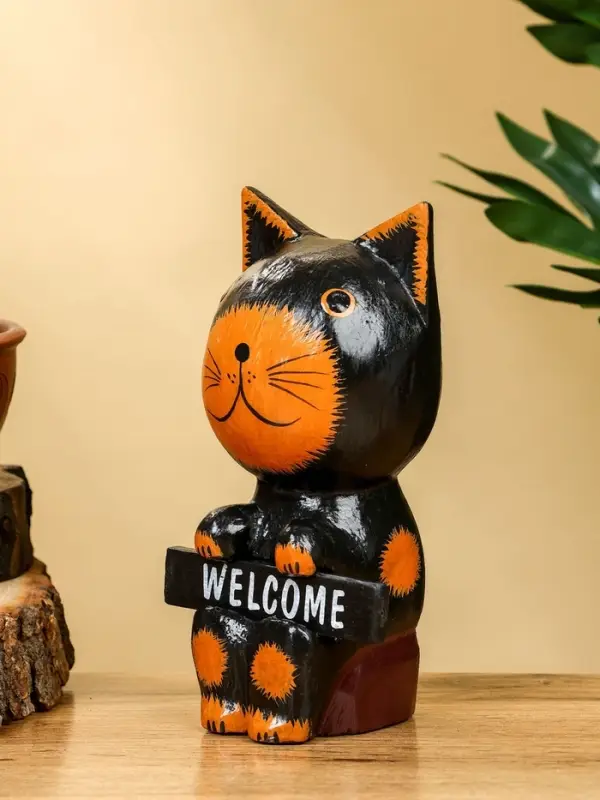 Сувенир "Кот с табличкой WELCOME" дерево 10х7х16 см, цв. чёрно-рыжий