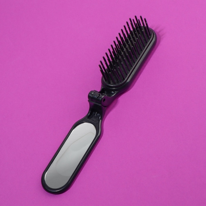 Расчёска массажная, складная, с зеркалом, 3 &times; 10 см, цвет чёрный