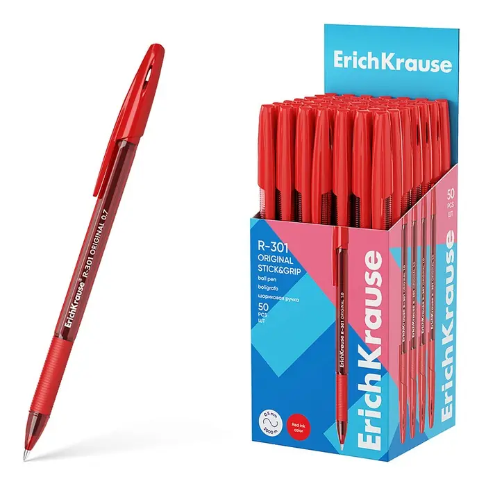 Ручка шариковая ErichKrause R-301 Stick&Grip Original, узел 1.0 мм, чернила красные, резиновый держатель, длина линии письма 2000 метров