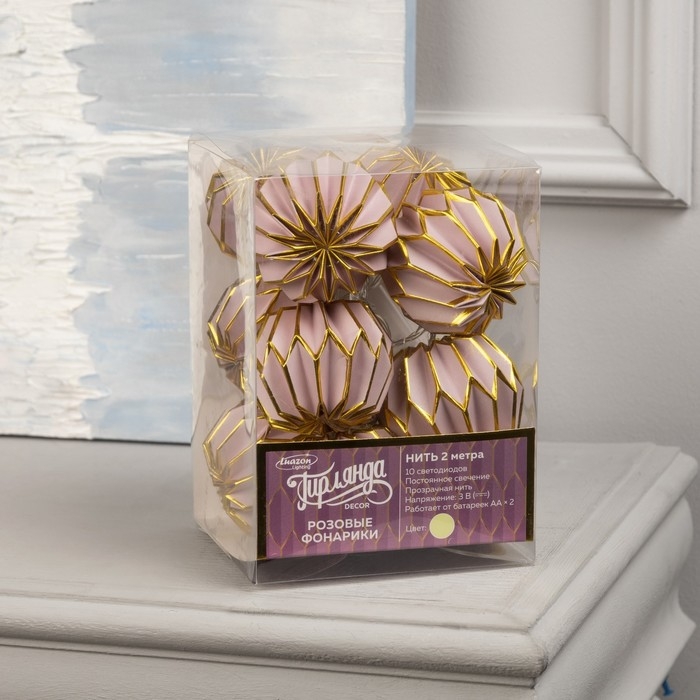 Гирлянда &laquo;Нить&raquo; 2 м с насадками &laquo;Розовый фонарик&raquo;, IP20, прозрачная нить, 10 LED, батарейки AAх2 (нет в комплекте), свечение тёплое белое