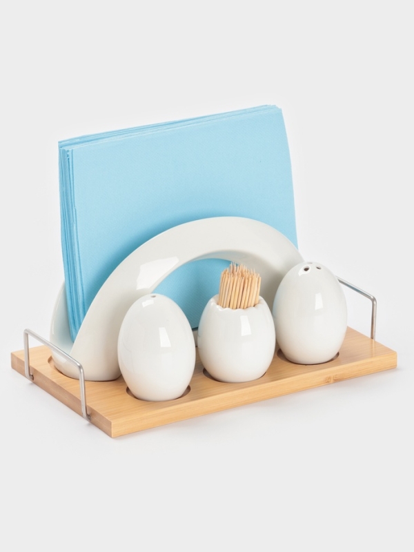 Набор для специй на бамбуковой подст 4 шт, солонка, перечница, салфетница, зубочист