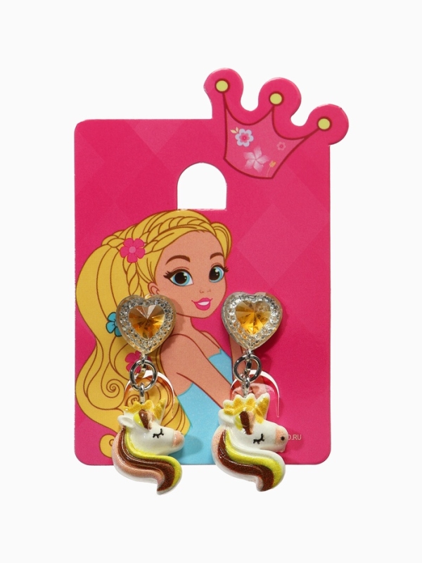 Серьги-клипсы детские "Выбражулька" единорог драгоценность с сердцем кристалл, цвет жёлто-белый