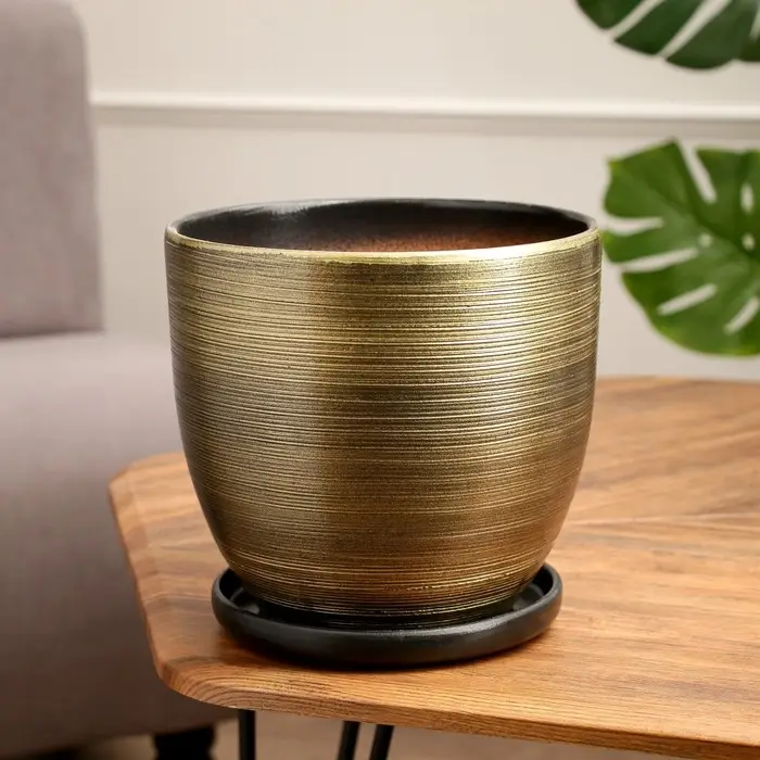 Горшок цветочный с поддоном 4,7 л, коричневый, керамика, "Изысканность" (М)