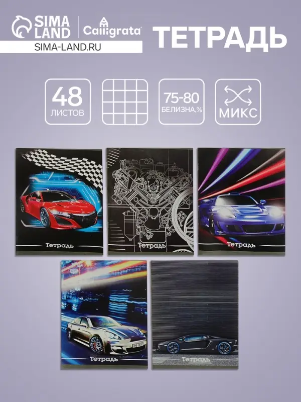 Тетрадь 48 листов в клетку, Calligrata &laquo;Авто&raquo;, обложка мелованный картон, серые листы, МИКС