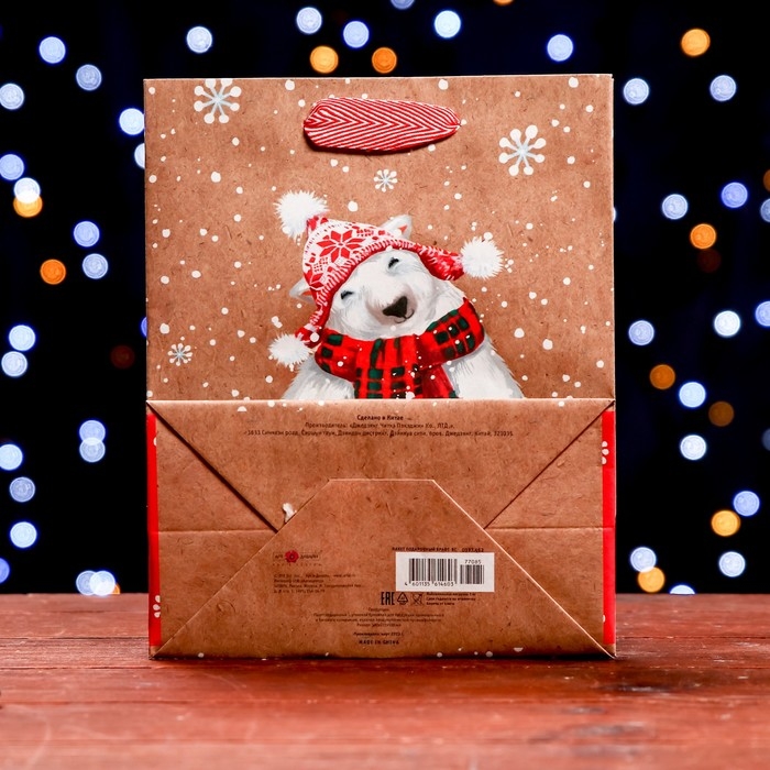 Пакет бумажный подарочный новогодний крафт "Белый медведь" 18 х 22,3 х 10 см.