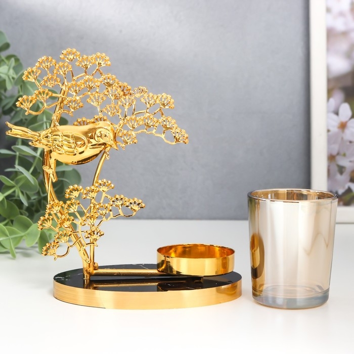 Подсвечник металл, стекло на 1 свечу "Птица на деревце" d-5 см, золото 8х15х17,5 см