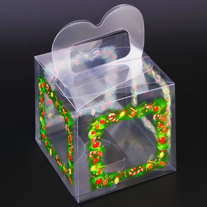 Новый год. Коробка подарочная новогодняя складная ПВХ Новый год. Коробка подарочная новогодняя складная ПВХ "Новогодние игрушки" 10 х 10 х 10 см.