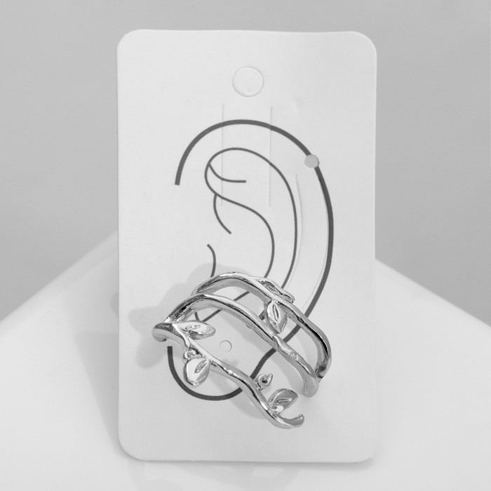 Серьга &laquo;Кафф&raquo; ветка с листьями, цвет серебро