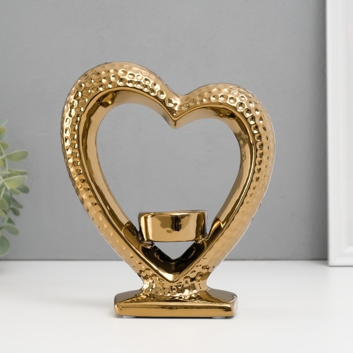 Подсвечник керамика на 1 свечу "Сердце на подставке" d=4 см золото 17х5,5х19,5 см
