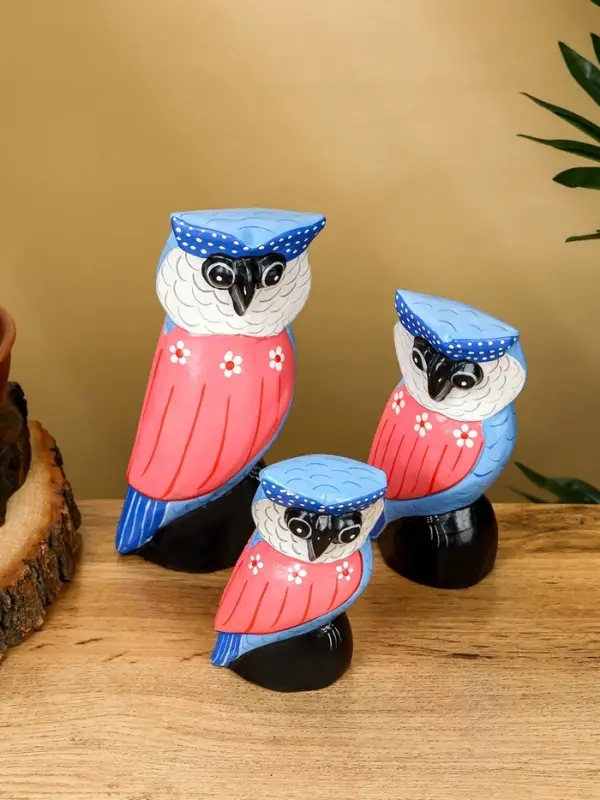 Набор сувенирный &laquo;Совы&raquo;, h=18 см, h=14 см, h=11 см, дерево, розово-синий