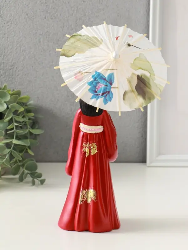 Сувенир полистоун "Девочка в кимоно с зонтиком" красный 12х13,8х25 см