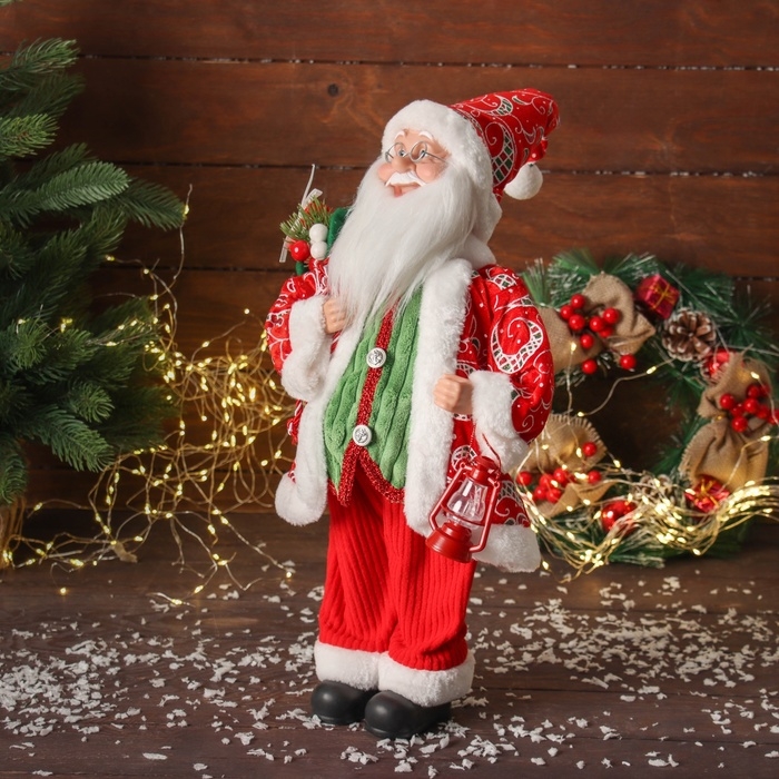 Дед Мороз Дед Мороз "В жилете и с фонарём" двигается, 45х22 см, красно-зелёный