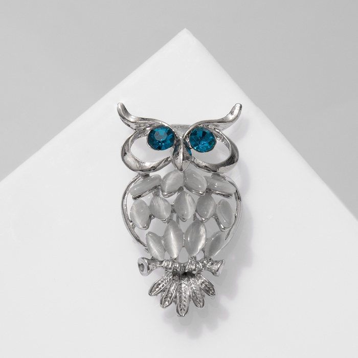 Брошь &laquo;Совушка&raquo;, цвет бело-синий в серебре