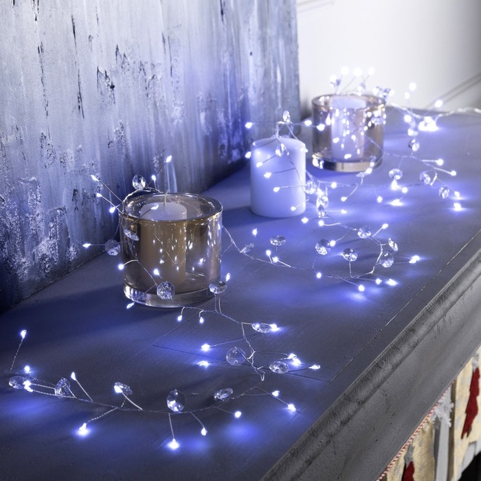 Гирлянда &laquo;Мишура&raquo; 2 м роса с насадками &laquo;Лепестки&raquo;, IP20, серебристая нить, 100 LED, батарейки ААх3 (нет в комплекте), свечение белое