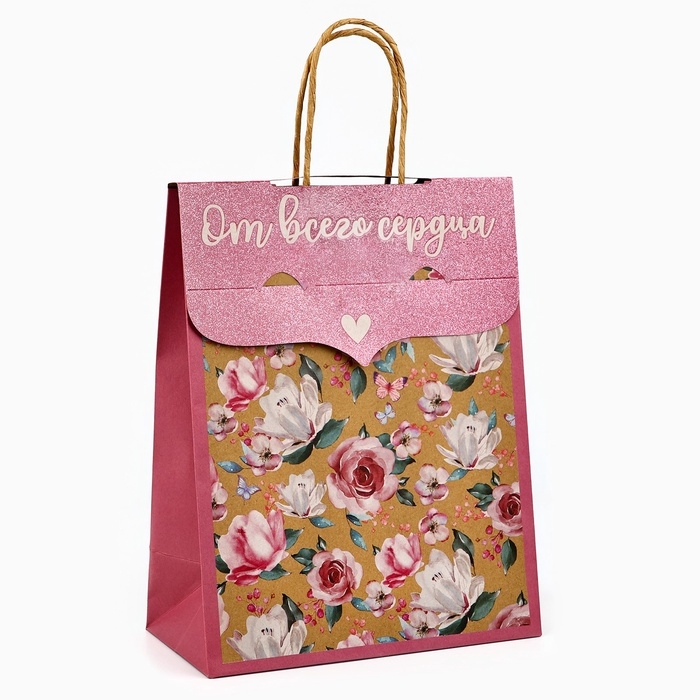 Пакет с клапаном &laquo;Цветы&raquo;, крафт, глиттер, 19,5 &times; 10 &times; 25.2 см