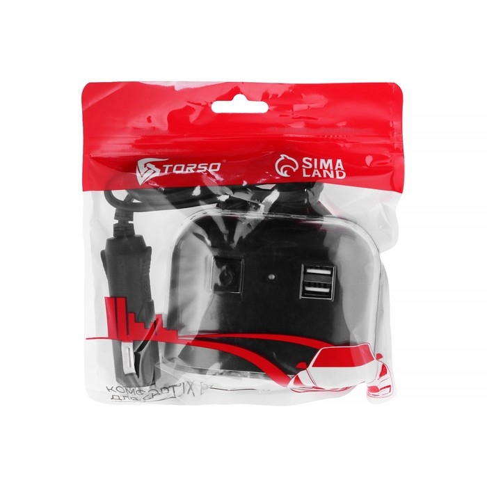 Разветвитель прикуривателя TORSO, 12-24 В, USB 2А, провод 50 см, подсветка