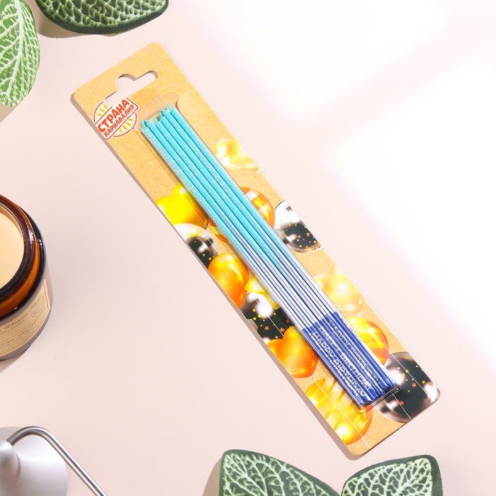 Набор свечей в торт, 6 штук "Happy", 17 см, голубой с синим