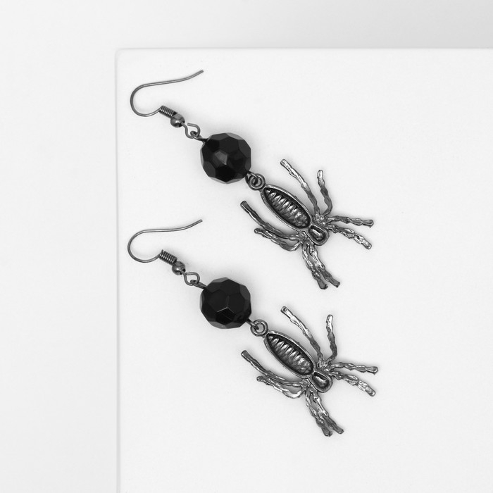 Серьги &laquo;Пауки&raquo; с бусиной, цвет чёрно-серый в серебре
