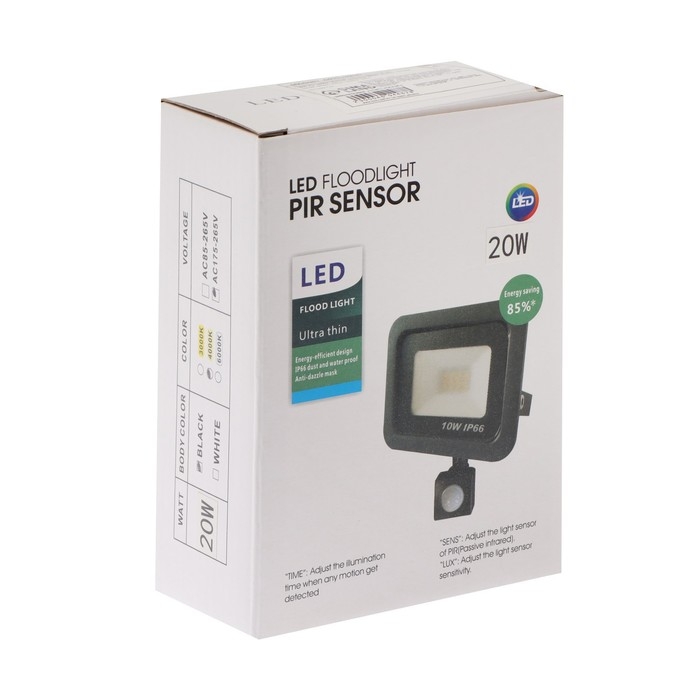 Прожектор светодиодный, 20 Вт, 1800 Лм, 4000К, Датчик движения, IP66 Прожектор светодиодный, 20 Вт, 1800 Лм, 4000К, Датчик движения, IP66