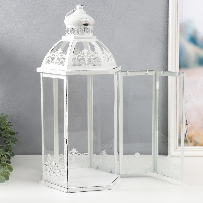 Подсвечник металл, стекло "Фонарь - ажурная башня" н-р 3 шт d-8, 13, 16 см белый 48х23 см