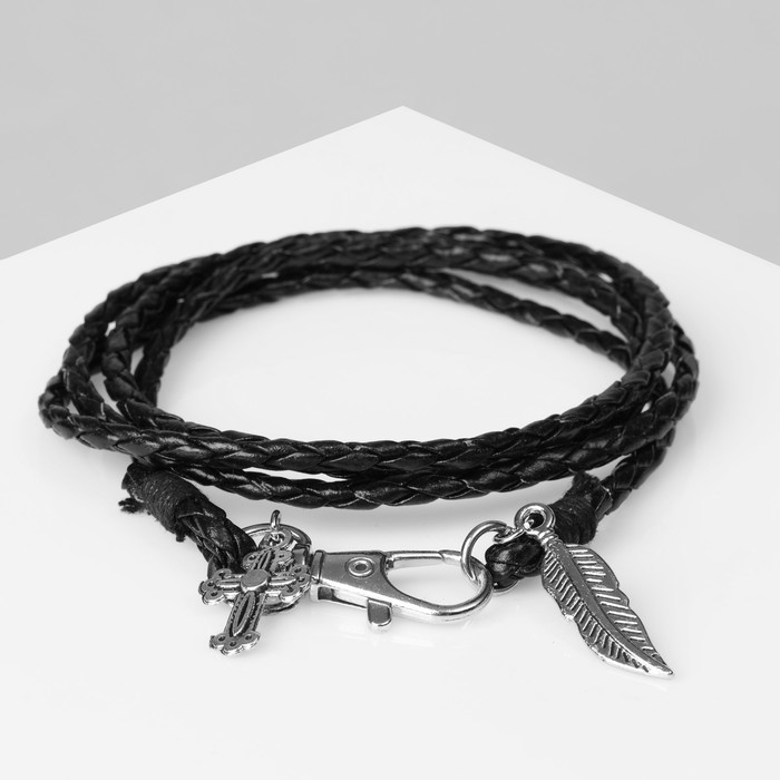 Браслет унисекс &laquo;Гравитация&raquo; перо и крест, цвет чёрный с чернёным серебром, 77 см