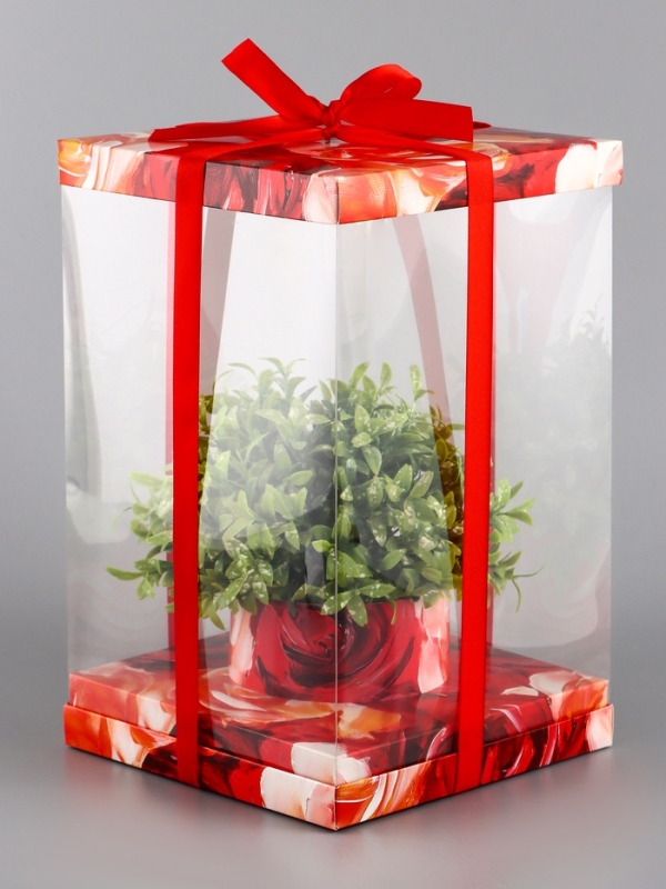 Коробка PVC, для цветов с лентой, 28 х 18 х 18 см, красный