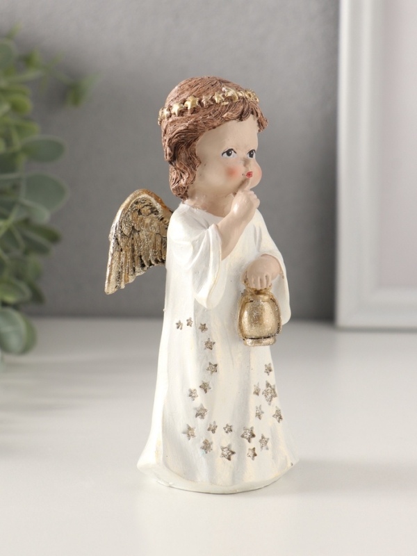 Сувенир полистоун "Ангелочек в платье со звёздами, с фонарём 7х5х13 см