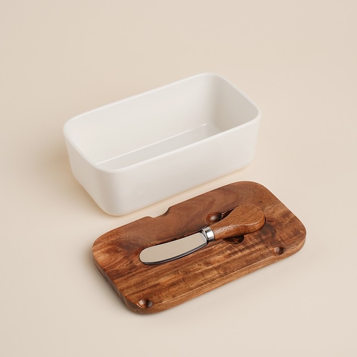 Паштетница фарфоровая с ножом SL Home &laquo;Южная акация&raquo;, 2 предмета: паштетница с деревянной крышкой 650 мл, нож 12,3&times;3 см