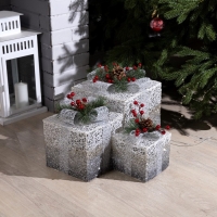 Светодиодная фигура &laquo;Серебристые подарки&raquo; 15, 20, 25 см, текстиль, металл, 220 В, свечение тёплое белое