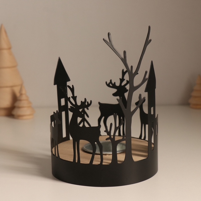 Подсвечник металл, дерево на 1 свечу "Домики и олени" d=4 см 10х10х13,8 см
