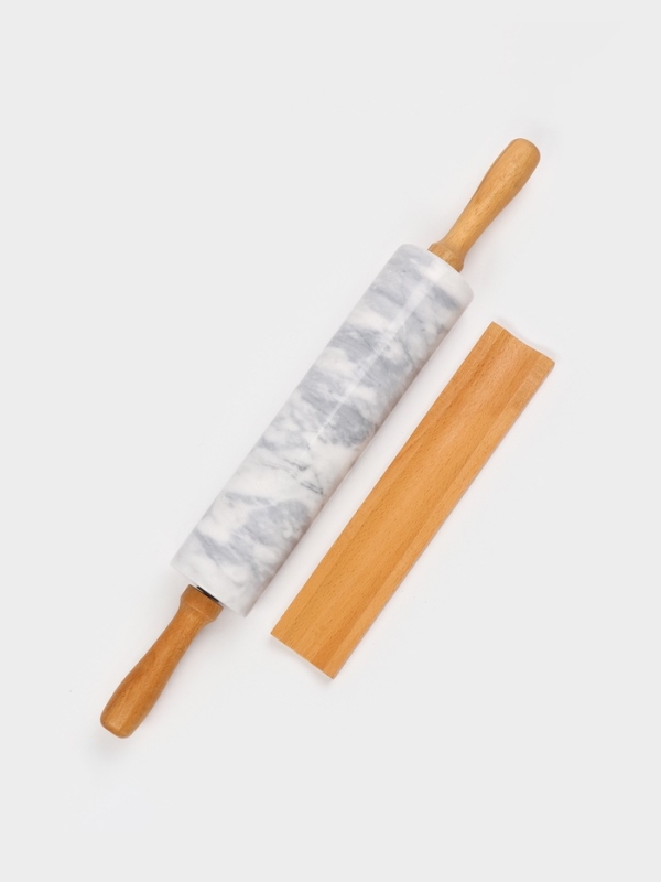 Скалка из мрамора 46х6 см, цвет белый, ручки из бука