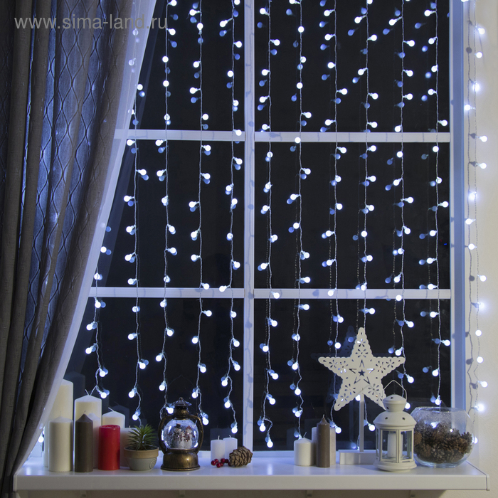 Гирлянда &laquo;Занавес&raquo; 2 &times; 1.5 м с насадками &laquo;Шарики&raquo;, IP20, прозрачная нить, 360 LED, свечение белое, 8 режимов, 220 В