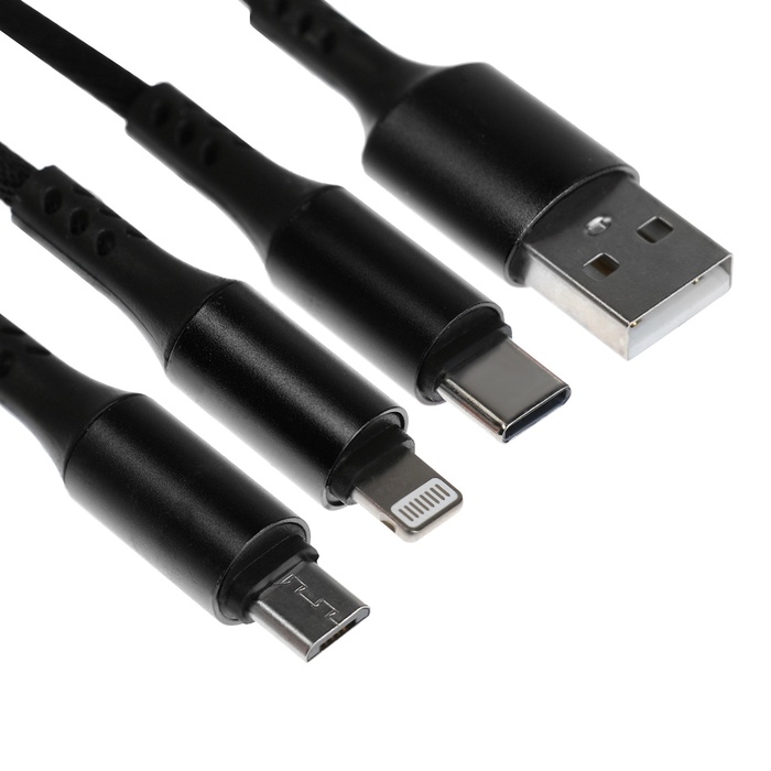 Кабель брелок 3 в 1, MicroUSB/Type-C/Lightning - USB, 2.4 А, чёрный Кабель брелок 3 в 1, MicroUSB/Type-C/Lightning - USB, 2.4 А, чёрный